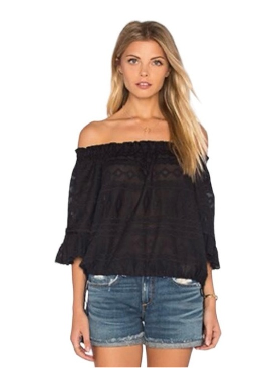 Rebecca Taylor Tops - Rebecca Taylor Short Sleeve Off Shoulder Black Embroidered Gauze Top, Size 0